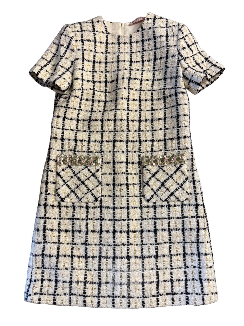 Valentino Black & White Tweed Shift Dress with Embellished Buttons